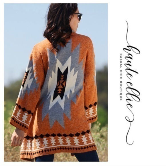 Haute Ellie Sweaters - Rust Aztec Blanket Cardigan Sweater